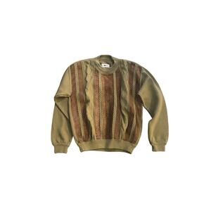 Vintage Olive Green Suede Brown Striped Grandpacore Fall Holiday Sweater